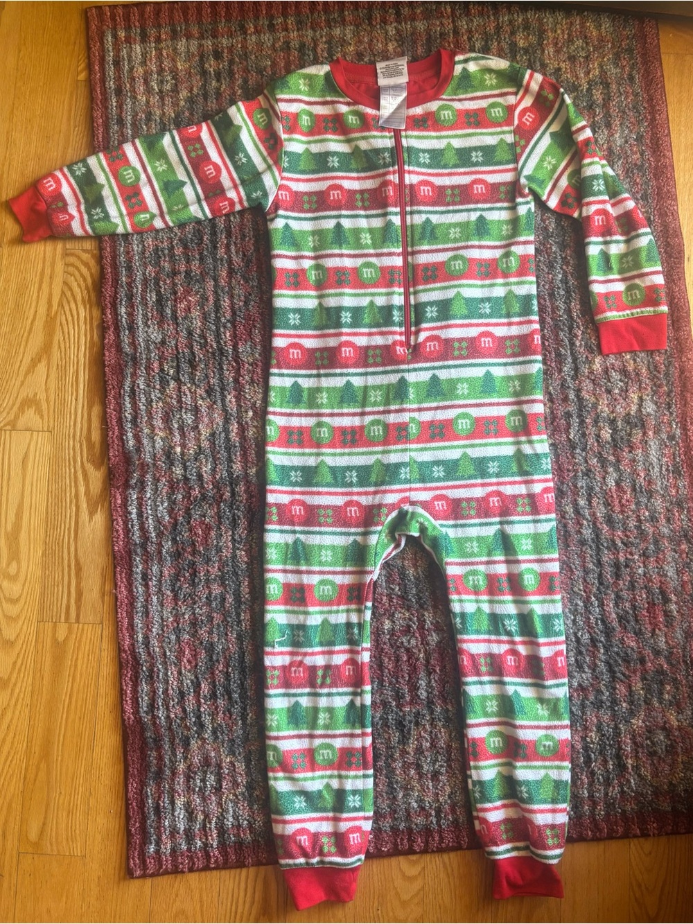 M&M'S Red & Green Striped Holiday Kids One-Piece Footie